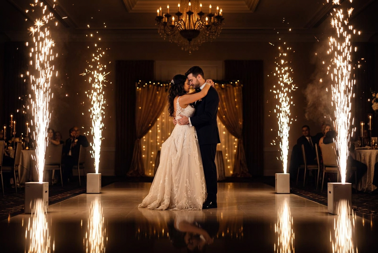 Cold spark fountains lining the grand entrance at a luxury New England wedding