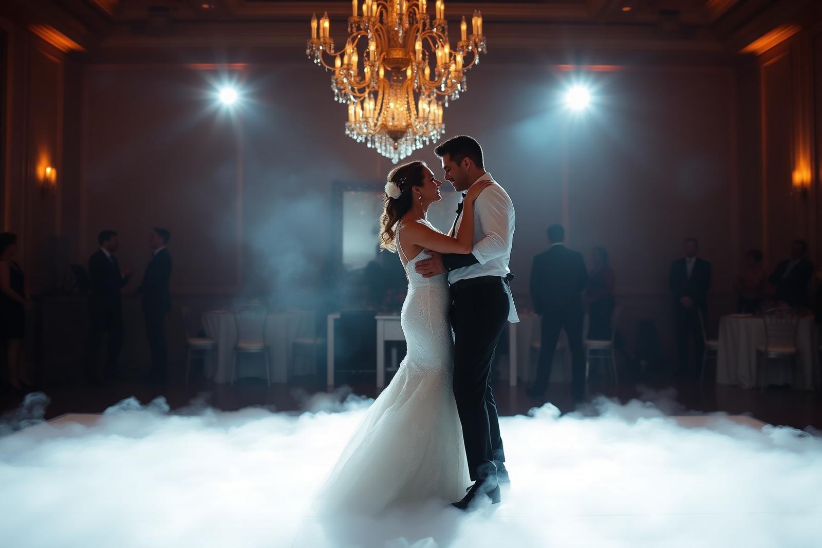 Dancing on the clouds first dance effect with low-lying fog under a chandelier